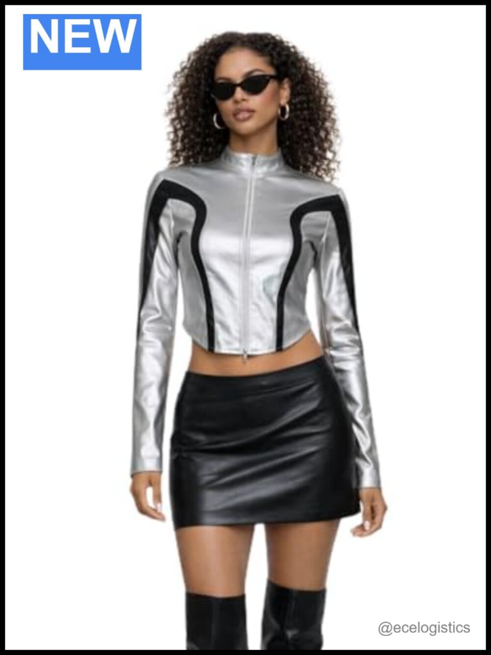 Metallic Faux Leather Crop Jacket with Zip-Up Front